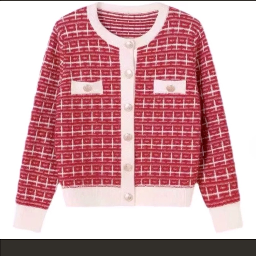 Red Checkered Women's Short Cardigan Sweater, O-Neck, Soft Knit, Versatile